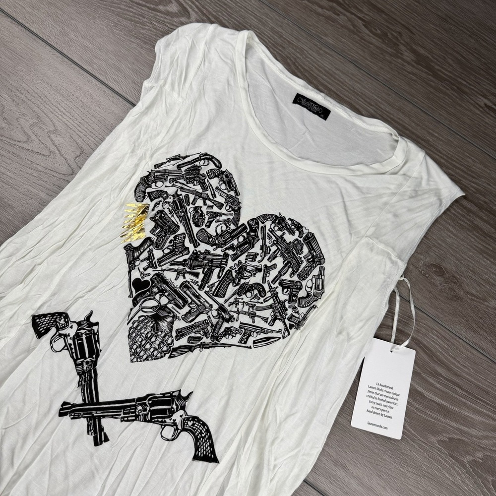 Lauren Moshi Women's Heart Guns Ammo‎ Tee White Medium New